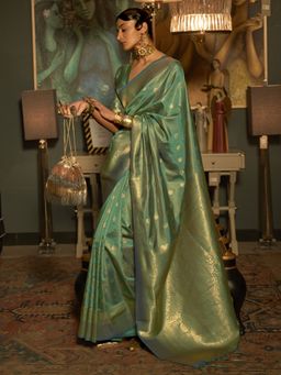 Akhilam - Womens Silk Blend Sea Green Woven Handloom Saree with Unstitched Blouse
