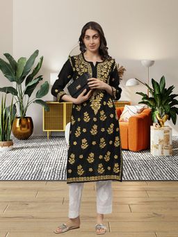 Seva Chikan - Hand Embroidered Black Chanderi Lucknowi Chikankari Kurta