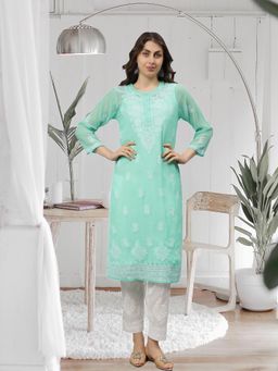 Seva Chikan - Hand Embroidered Sea Green Georgette Chikankari Kurta with Inner (Set of 2)