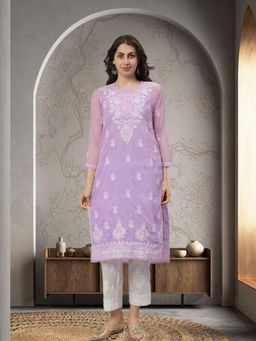 Seva Chikan - Hand Embroidered Mauve Georgette Lucknowi Chikankari Kurta with Inner (Set of 2)
