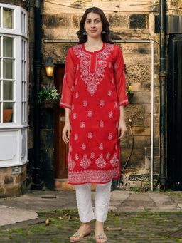 Seva Chikan - Hand Embroidered Red Georgette Lucknowi Chikankari Kurta with Inner (Set of 2)