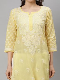 Seva Chikan - Hand Embroidered Yellow Terivoil Cotton Lucknowi Chikankari Kurta