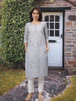 Seva Chikan - Hand Embroidered Grey Terivoil Cotton Lucknowi Chikankari Kurta