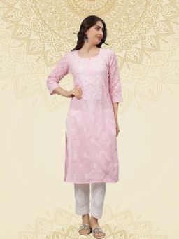 Seva Chikan - Hand Embroidered Pink Terivoil Cotton Lucknowi Chikankari Kurta