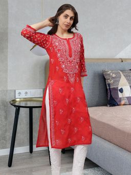 Seva Chikan - Hand Embroidered Red Terivoil Cotton Lucknowi Chikankari Kurta