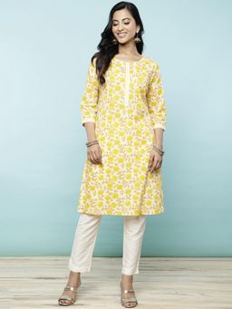 Rangita - Women Yellow Cotton Printed Straight Knee Length Kurta