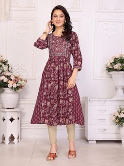 Rangita - Women Maroon Rayon Embroidered Flared Calf Length Kurta