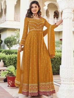 Wedani - Yellow Embroidered Regular Anarkali Kurta Pant with Dupatta