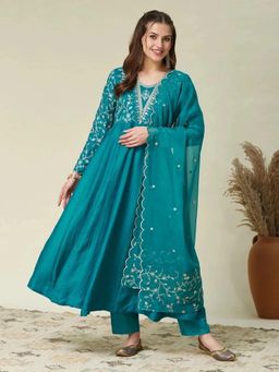 Wedani - Turquoise Embroidered Regular Anarkali Kurta Pant with Dupatta