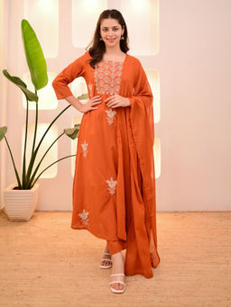 Wedani - Orange Embroidered Regular Kurta Pant with Dupatta
