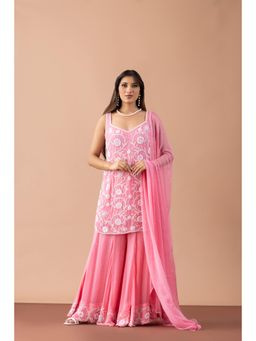 Fibre world - Pink Embroidered Regular Kurti Palazzo with Dupatta