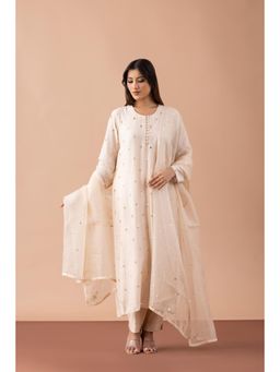 Fibre world - Beige Self Design Regular Kurta Pant with Dupatta