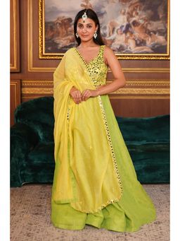 Fibre world - Yellow Self Design Regular Top Skirt with Dupatta