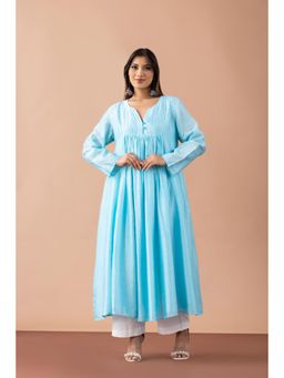 Fibre world - Blue Solid/Plain Regular Anarkali Kurta & Pant