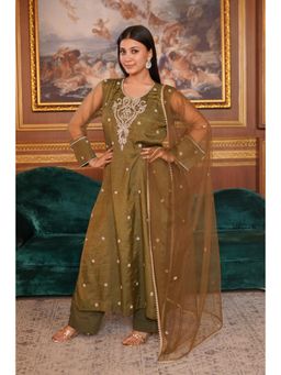 Fibre world - Olive Embellished/Sequined Regular Kurta Pant with Dupatta