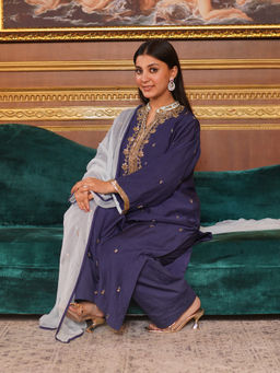 Fibre world - Blue Embellished/Sequined Regular Kurta Pant with Dupatta