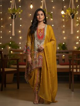 PIRRA DESIGN - Yellow Floral Regular Kurti Dhoti with Dupatta