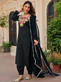 Lavanya The Label - Black Solid/Plain Regular Kurta Salwar with Dupatta