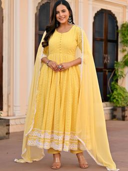 Lavanya The Label - Yellow Solid/Plain Regular Anarkali Kurta Pant with Dupatta