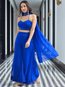Lavanya The Label - Blue Solid/Plain Regular Top Palazzo with Dupatta
