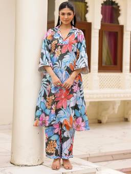 Lavanya The Label - Blue Floral Flared Kurta & Pant