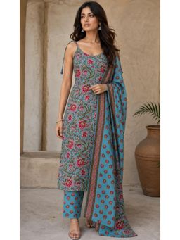 Kaori By Shreya - Blue Floral Regular Kurta Pant with Dupatta