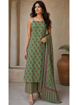 Kaori By Shreya - Green Floral Regular Kurta Pant with Dupatta