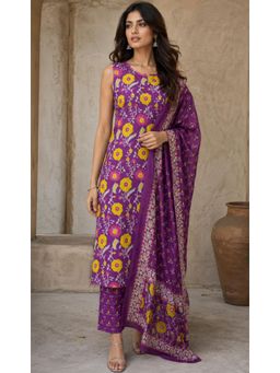 Kaori By Shreya - Purple Floral Regular Kurta Pant with Dupatta
