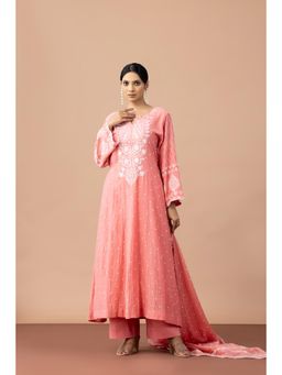 Fibre world - Peach Embroidered Regular Anarkali Kurta Pant with Dupatta