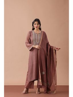 Fibre world - Brown Embroidered Regular Kurta Pant with Dupatta