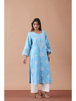 Fibre world - Blue Embroidered Regular Kurta Pant with Dupatta