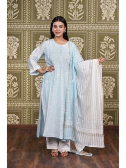 Fibre world - Blue Embroidered Regular Kurta Pant with Dupatta