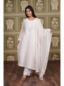 Fibre world - White Embroidered Regular Kurta Pant with Dupatta