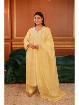 Fibre world - Yellow Embroidered Regular Kurta Pant with Dupatta