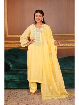 Fibre world - Yellow Embroidered Regular Kurta Pant with Dupatta