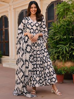 Lavanya The Label - Black Printed Regular Anarkali Kurta Pant with Dupatta