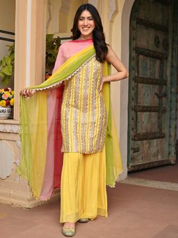 Lavanya The Label - Yellow Embroidered Regular Kurti Sharara with Dupatta