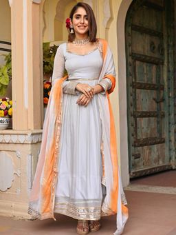 Lavanya The Label - Grey Solid/Plain Regular Anarkali Kurta Pant with Dupatta