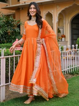 Lavanya The Label - Orange Solid/Plain Flared Anarkali Kurta Pant with Dupatta