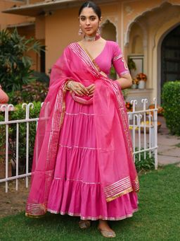 Lavanya The Label - Pink Solid/Plain Flared Anarkali Kurta Pant with Dupatta