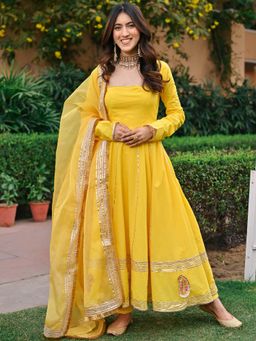 Lavanya The Label - Yellow Solid/Plain Flared Anarkali Kurta Pant with Dupatta