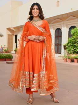 Lavanya The Label - Orange Solid/Plain Regular Anarkali Kurta Pant with Dupatta