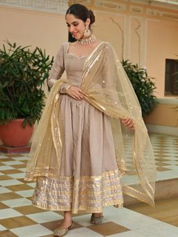 Lavanya The Label - Beige Solid/Plain Regular Anarkali Kurta Pant with Dupatta
