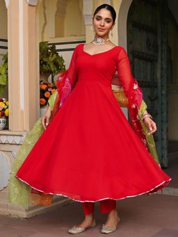 Lavanya The Label - Red Solid/Plain Regular Anarkali Kurta Pant with Dupatta