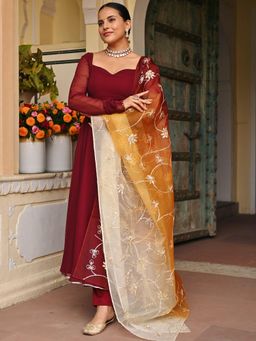 Lavanya The Label - Brown Solid/Plain Regular Anarkali Kurta Pant with Dupatta