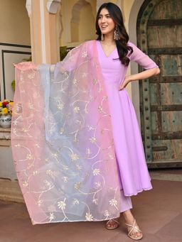 Lavanya The Label - Lavender Solid/Plain Regular Anarkali Kurta Pant with Dupatta