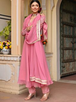 Lavanya The Label - Pink Solid/Plain Regular Anarkali Kurta Pant with Dupatta