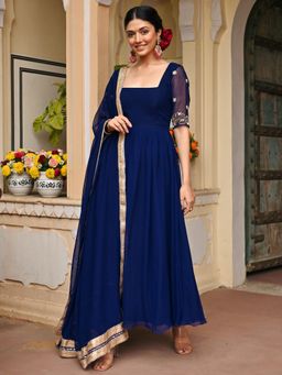 Lavanya The Label - Blue Solid/Plain Regular Anarkali Kurta Pant with Dupatta