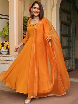 Lavanya The Label - Mustard Solid/Plain Regular Anarkali Kurta Pant with Dupatta