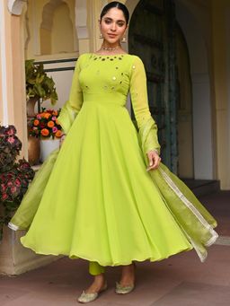 Lavanya The Label - Green Solid/Plain Regular Anarkali Kurta Pant with Dupatta
